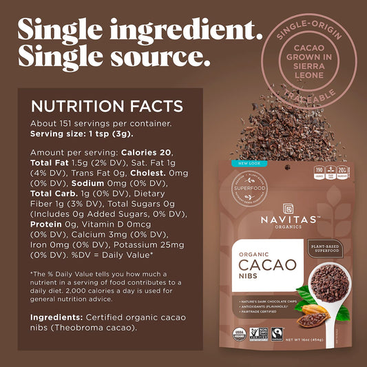 Navitas Organics Raw Cacao Nibs, 16Oz. Bag, 15 Servings - Organic, Non-Gmo, Fair Trade, Gluten-Free