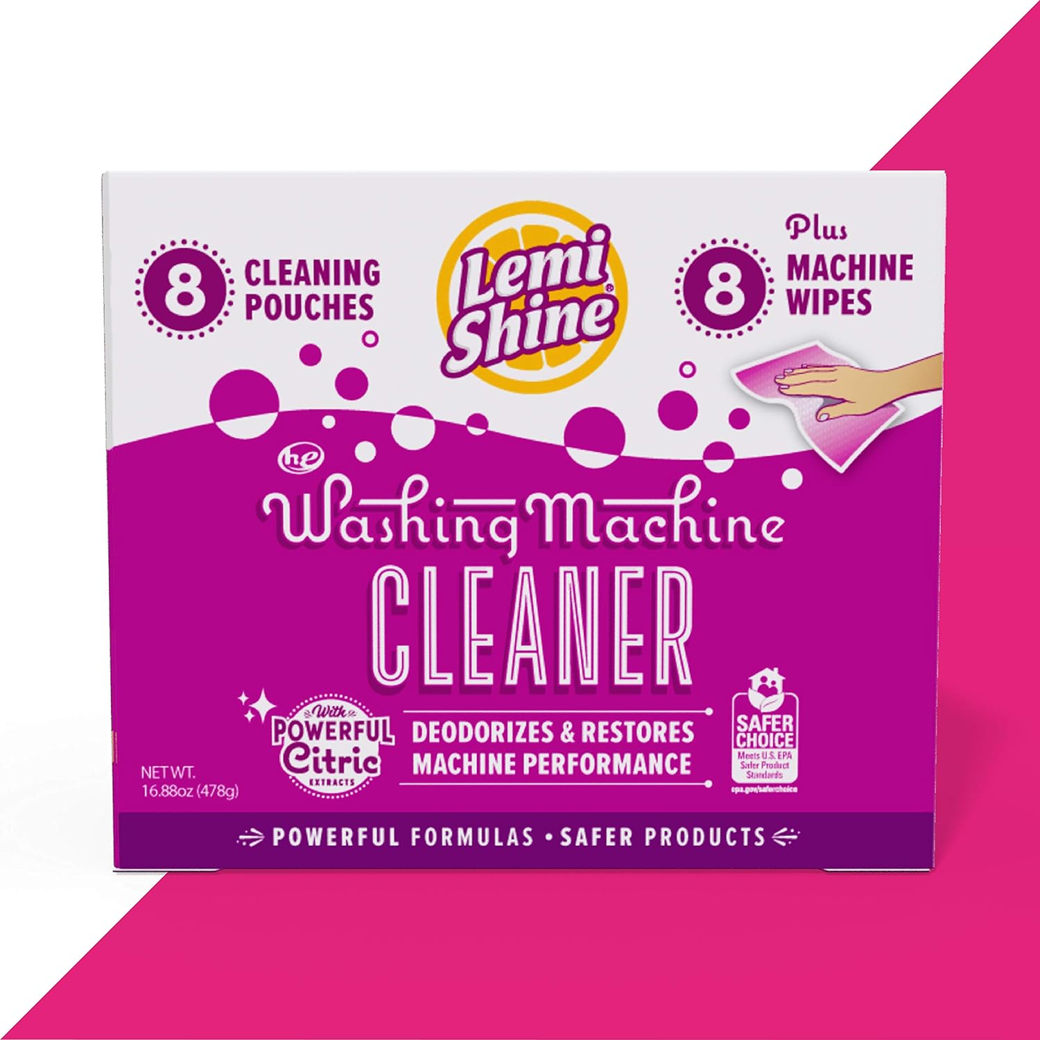 Lemi Shine Washing Machine Cleaner | Powered By Citric Acid | 100% Guaranteed Hard Water Cleaner | Compatible With Front & Top Load Washing Machines, 8 Count