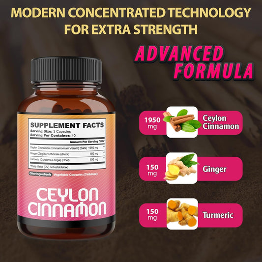 Ceylon Cinnamon Capsules - Combined With Ginger Root And Turmeric Curcumin Supplement - 120 Vegan Capsules
