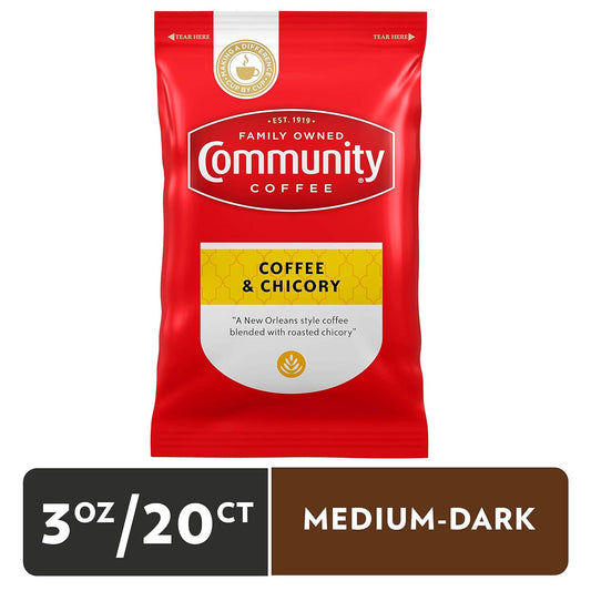 Community Coffee & Chicory, Medium Dark Roast Pre-Measured Coffee Packs, 3.0 Ounce Bag (Box of 20)