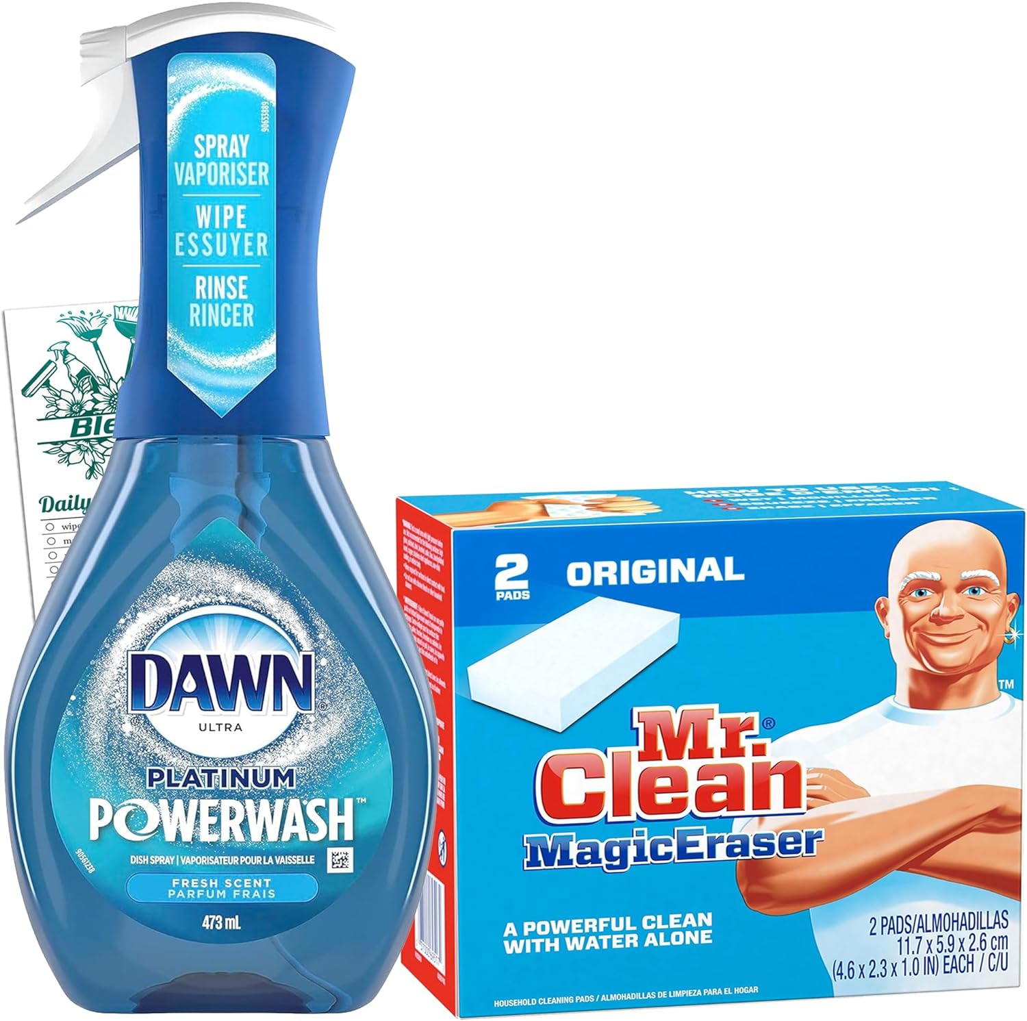 Bleam Cleaning Bundle - Dawn Powerwash Spray Platinum Dish Soap 16 Oz - 2 Pack Magic Eraser Original Cleaning Pads Household Cleaning Tip Card - Set