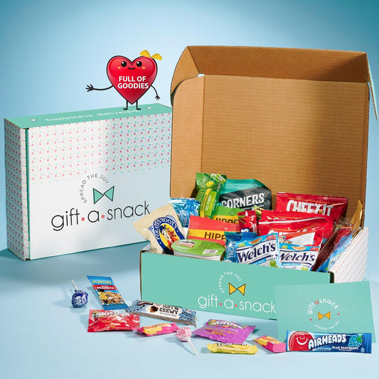 Gift A Snack - Back To School Gifts For Students Snack Box Variety Pack Care Package + Greeting Card (50 Count) Birthday Sweet Treats Gift Basket, Candies Chips Crackers Bars, Food Assortments Variety