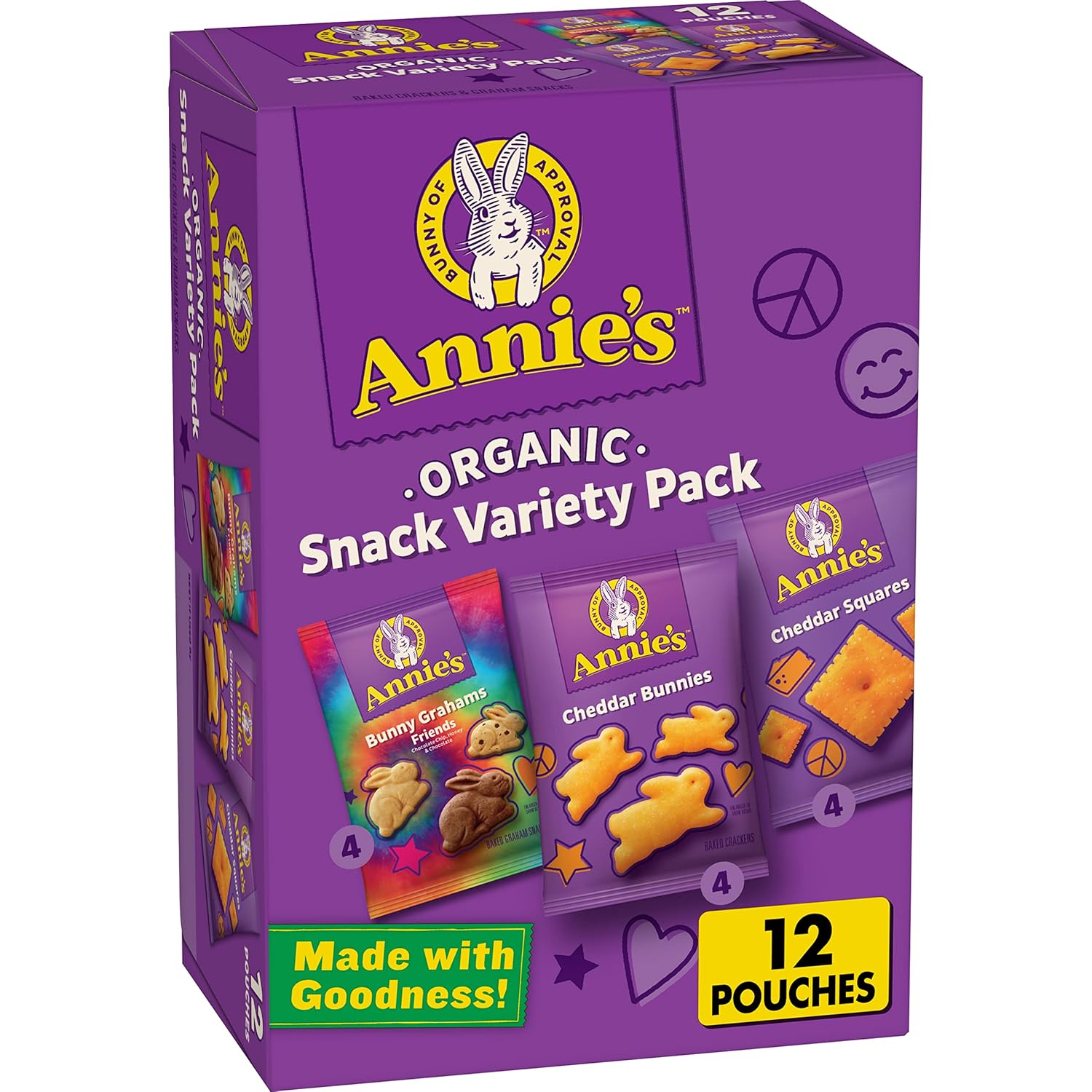 Annie'S Organic Variety Pack, Cheddar Bunnies, Bunny Grahams And Cheddar Squares, Kids Snacks, Back To School Snacks,12 Pouches, 11 Oz