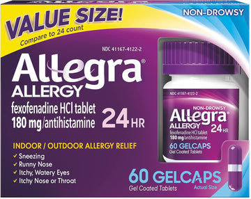 Allegra Adult 24Hr Non-Drowsy Antihistamine Gelcaps, 60-Count, Fast-Acting Allergy Symptom Relief, 180 Mg