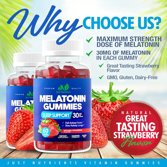 Melatonin 30Mg Gummies For Adults (60 Servings) - Maximum Strength Sleep Aid With 30Mg Of Melatonin Per Gummy - Gluten-Free, Sugar-Free, Non-Gmo, 100% Vegetarian, Strawberry Flavor - 60 Gummies