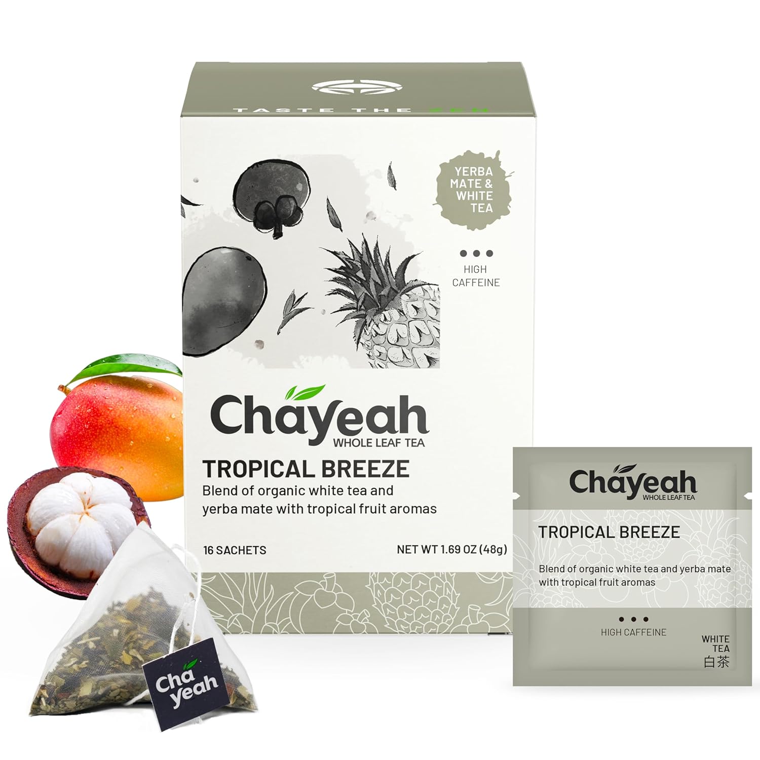 Chayeah, Tropical Breeze, White Tea & Yerba Mate Blended With Mango, Pineapple & Mangosteen, Whole Leaf Tea Bag, Caffeinated (16 Pyramid Tea Sachets)