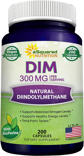 aSquared Nutrition DIM Supplement 300mg Plus BioPerine - 200 Veggie Capsules - Diindolylmethane DIM Max Strength Pills to Support Estrogen Metabolism & Balance, Menopause Relief, PCOS, Hormonal Acne