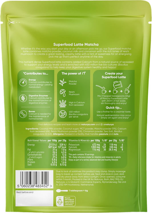 Naturya Energizing Matcha Superfood Latte Blend 250G - Creamy Vegan & Gluten-Free Matcha Green Tea With Coconut Milk, Reishi Mushroom, Live Bio Cultures & Seaweed Calcium For Digestion & Bone Health
