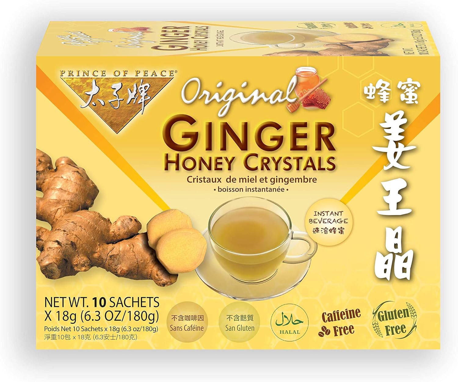 Prince Of Peace Instant Ginger Honey Crystals, 10 Sachets – Instant Hot Or Cold Beverage – Easy To Brew Ginger And Honey Crystals