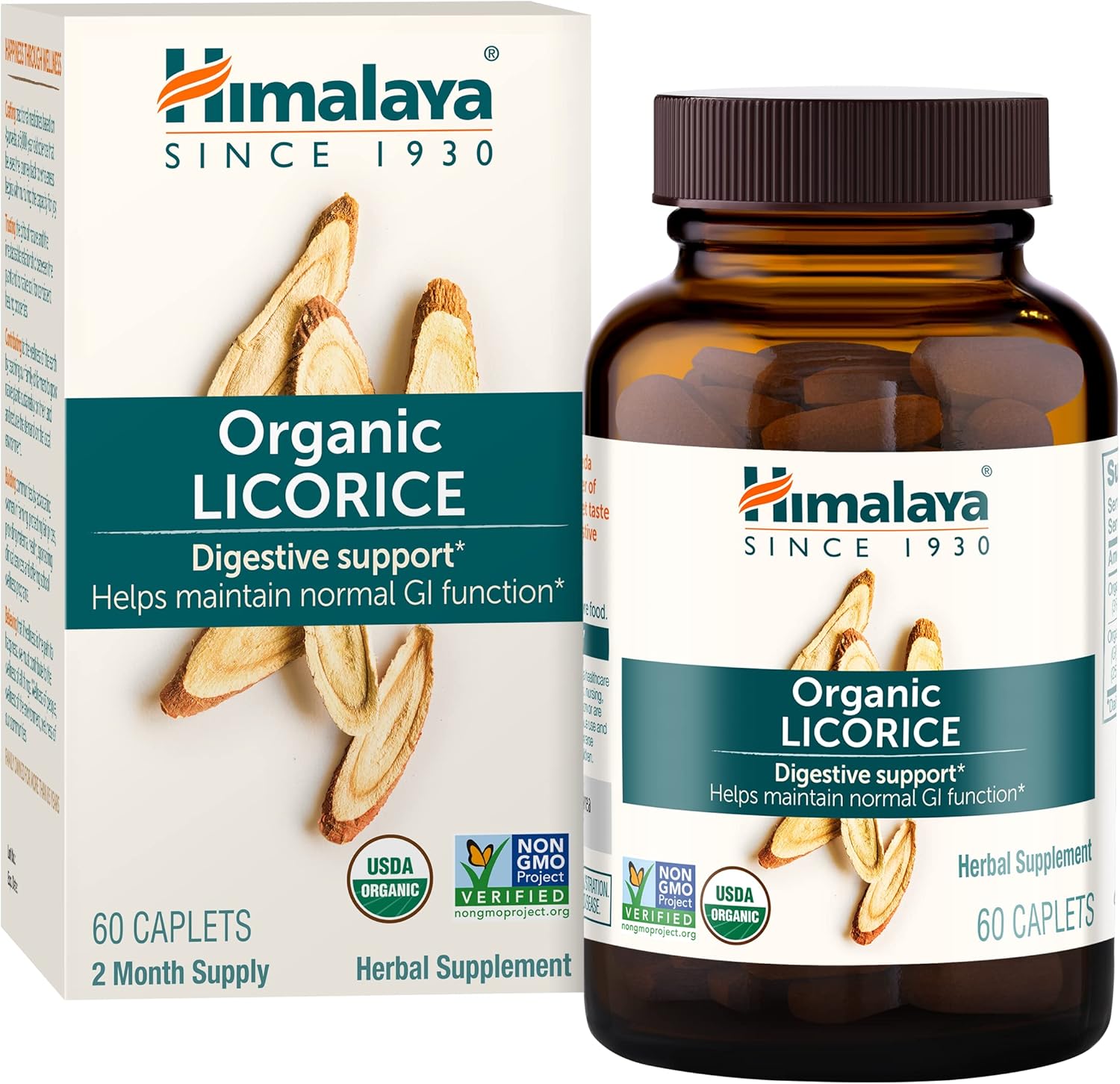 Himalaya Organic Licorice Root Herbal Supplement, Non-Dgl, Occasional Heartburn And Indigestion Relief, Upset Stomach Relief, Digestive Support, Non-Gmo, Usda Organic, Vegan, 60 Plant-Based Caplets