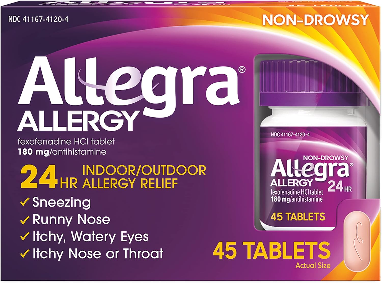 Allegra Adult 24Hr Non-Drowsy Antihistamine, 45 Tablets, Fast-Acting Allergy Symptom Relief, 180 Mg