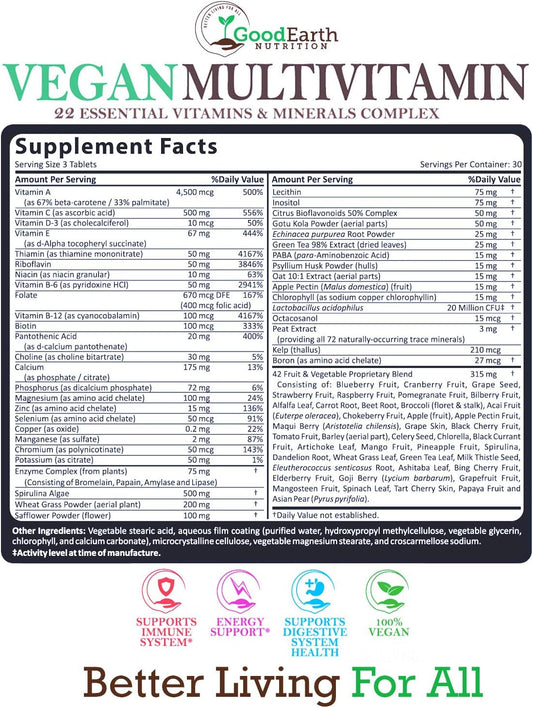 Vegan Multivitamins For Men & Women - Vitamins A , B Complex , C , D3 , Zinc , Magnesium , Spirulina , Antioxidants - Daily Multivitamin Mineral Supplement With Proprietary Fruit & Vegetable Blend