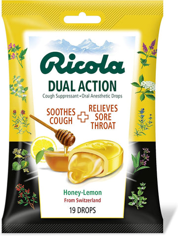 Ricola Dual Action Cough Suppressant & Oral Anesthetic Throat Drops, Honey Lemon, 19 Drops, Fights Coughs Naturally, Soothes Throats, yellow