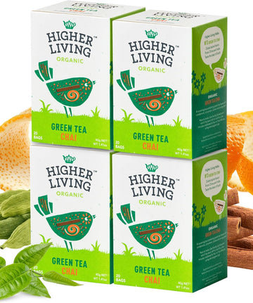 Higher Living Green Tea Chai - Energising, Caffeine Infused Organic Herbal Tea With Cinnamon, Cloves & Cardamom Spices - 4 Boxes, 20 Bags Each