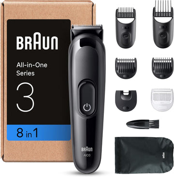 Braun 8-In-1 All-In-One Beard Trimmer & Hair Clipper For Men, Series 3 Grooming Kit With Ultra Sharp Blade, 14 Length Settings (3–21Mm), 50-Min Cordless Use, Washable Heads, Uk Plug – Aio3545, Black