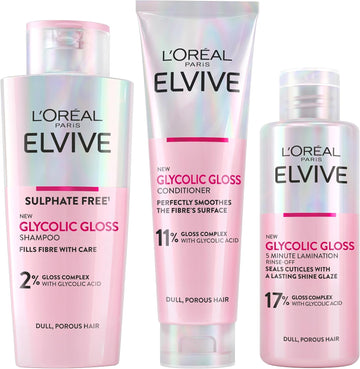 L'Oréal Paris Elvive Glycolic Gloss Shampoo And Conditioner Set For Dull Porous Hair, Get The Shiniest Hair Of Your Life, Glossing Routine For Mirror-Like Shine