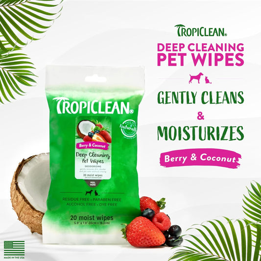 TropiClean Berry & Coconut Dog Wipes for Paws and Butt | Deep Cleaning Dog Grooming Wipes | Safe for The Face | Cat Friendly | 20 Count