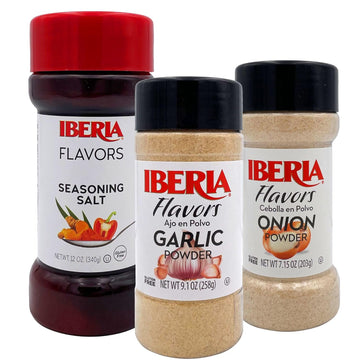 Iberia Garlic Powder, 9.1 Oz + Iberia Onion Powder, 7.5 Ounce + Iberia Seasoning Salt, 12 Oz
