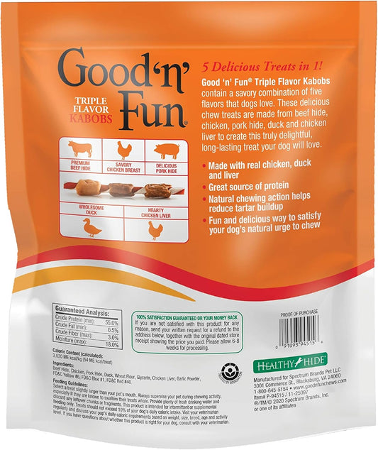 Good'N'Fun Triple Flavor Kabobs 48 Ounce, Rawhide Snack For All Dogs