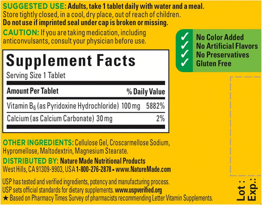 Nature Made Vitamin B6 100 mg Tablets, 100 Count for Metabolic Health