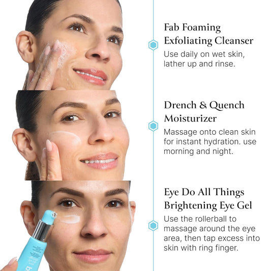 Bliss Skincare Essentials Skincare Kit - Eye Do All Things Hydrating Eye Gel, Drench & Quench Hyaluronic Acid Face Moisturizer & 2-In-1 Foaming Facial Cleanser And Exfoliator