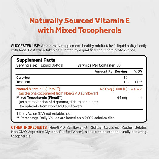 Naturalis Sunflower Vitamin E 670mg (1000 IU) with Mixed Tocopherols | Essential Skin Vitamin & Immune Support | Non-GMO, Soy & Gluten Free | 60 Softgels