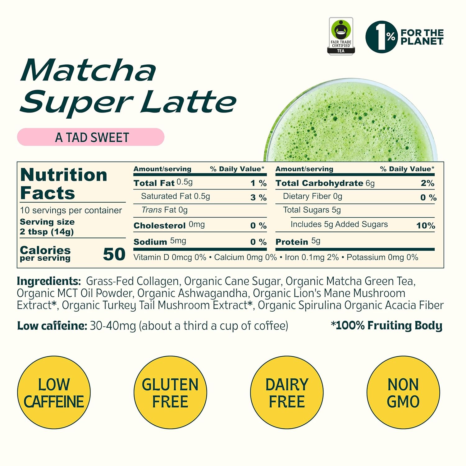 Jibby Mushroom Matcha Super Latte - Ceremonial Grade Green Tea Organic Matcha, Collagen, Mct Oil, Superfood Mushrooms, Latte Collagen Powder (A Tad Sweet, 10 Servings)
