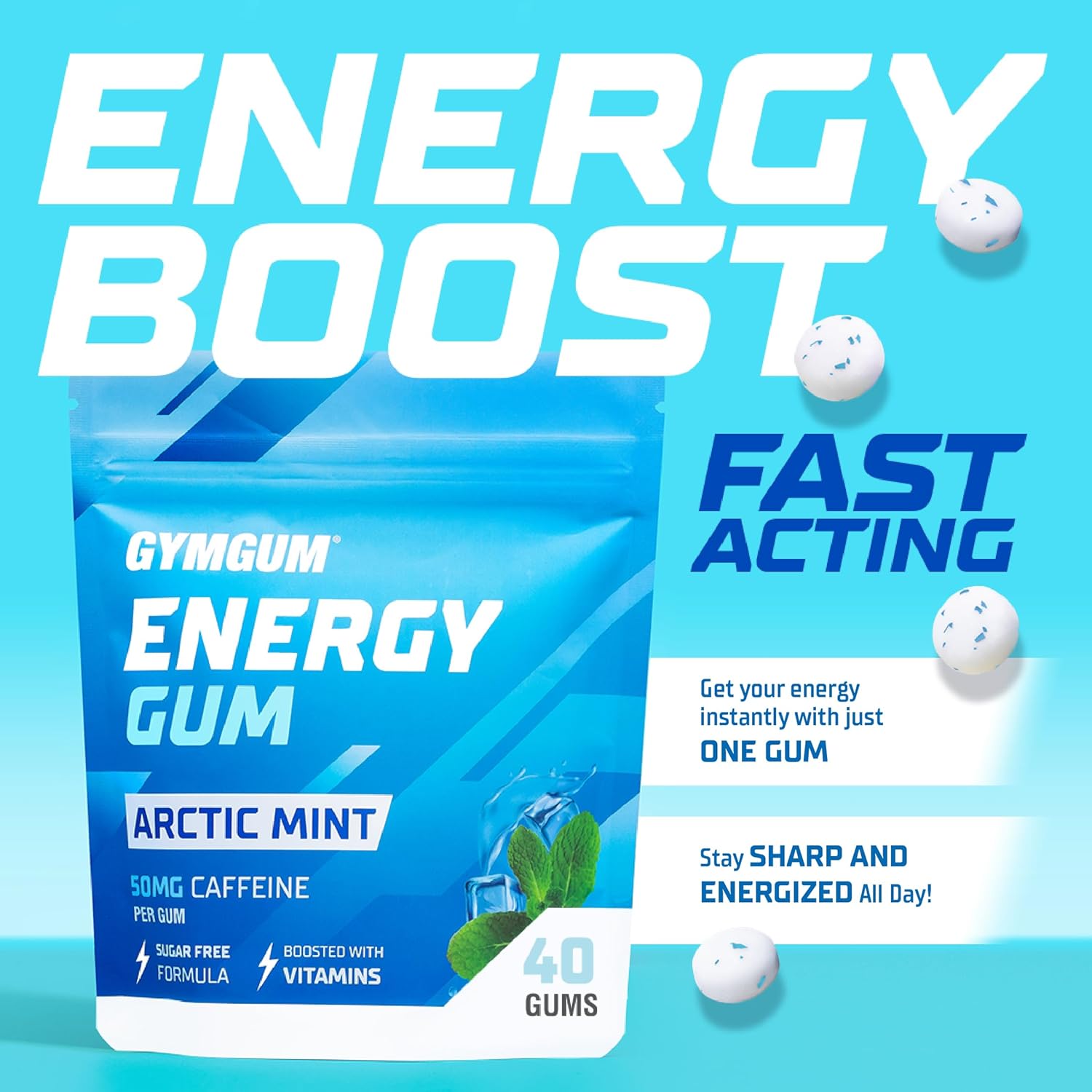 Gymgum Energy Caffeine Gum | 50Mg Caffeine | Sugar-Free, Keto-Friendly | Fast-Acting Energy & Focus Gum With Guarana & L-Theanine (40 Count, Arctic Mint) : Grocery & Gourmet Food