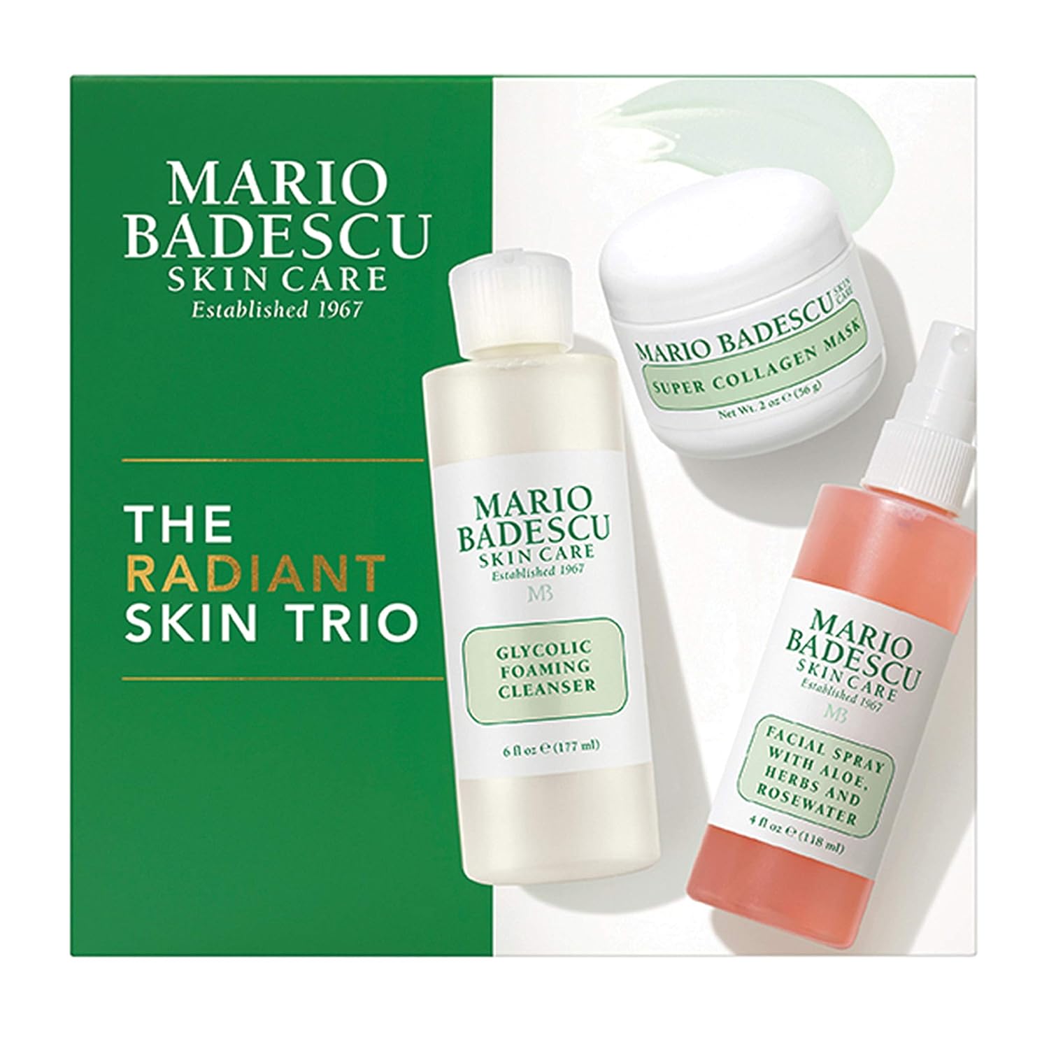 Mario Badescu Radiant Skin Trio Kit, Skincare Gift Set Includes Facial Spray With Aloe, Herbs And Rosewater(4 Fl Oz), Glycolic Foaming Cleanser(6 Fl Oz) And Super Collagen Mask(2 Oz)