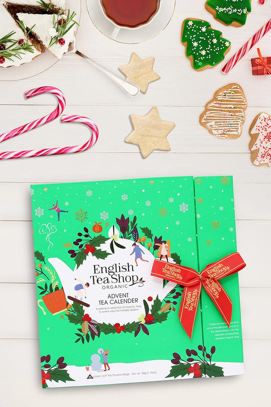 English Tea Shop Book Style Green Advent Calendar | 25 Pyramid Tea Bags | 50G