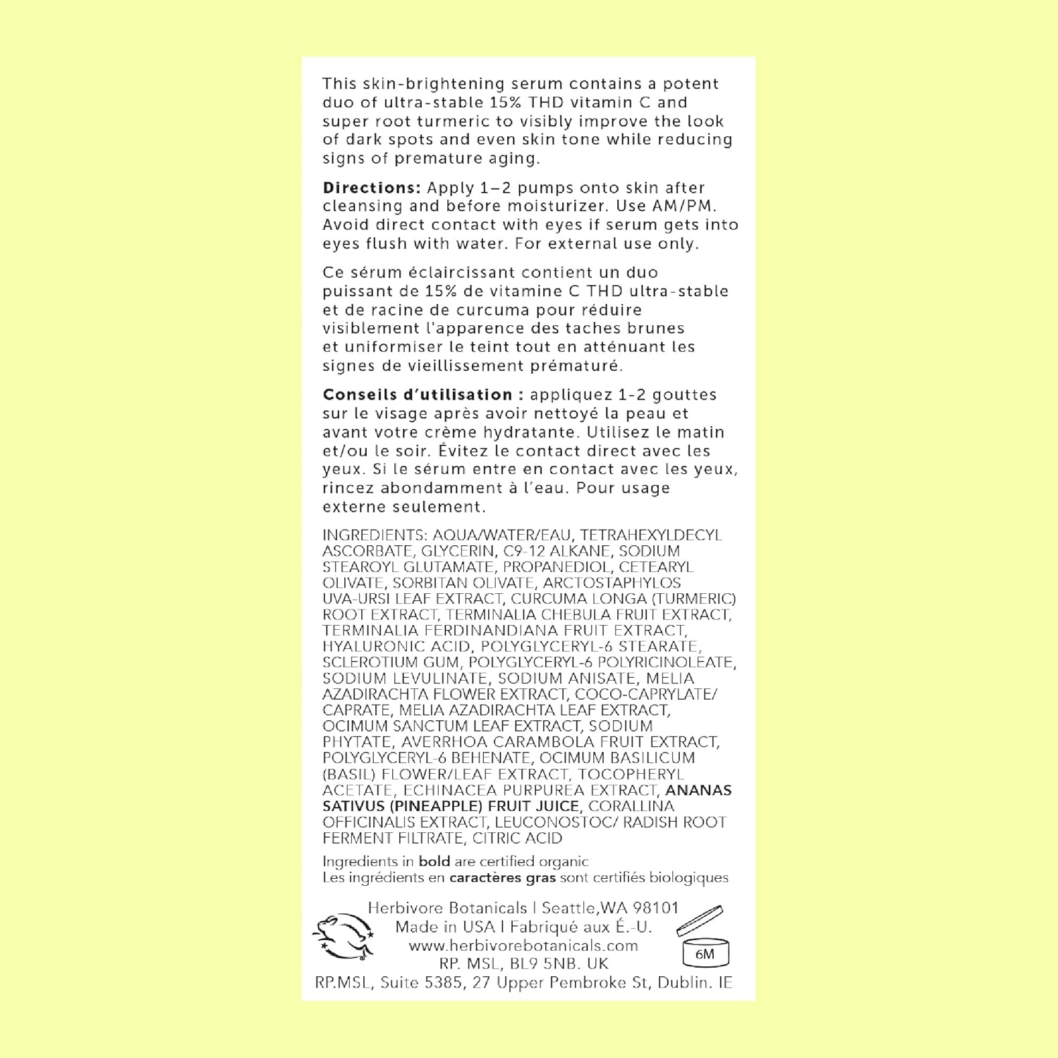 Herbivore Nova 15% Vitamin C + Turmeric Brightening Serum For Dark Spots, Hyperpigmentation + Even Skin Tone | Vegan, Plant-Based, Cruelty-Free, 30 Ml / 1 Oz : Beauty & Personal Care