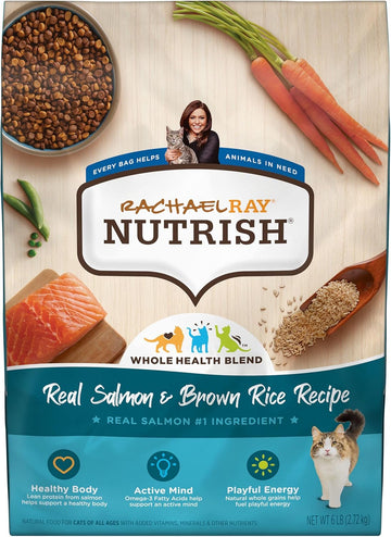 Rachael Ray Nutrish Premium Natural Dry Cat Food With Added Vitamins, Minerals & Other Nutrients, Real Salmon & Brown Rice Recipe, 6 Pound Bag