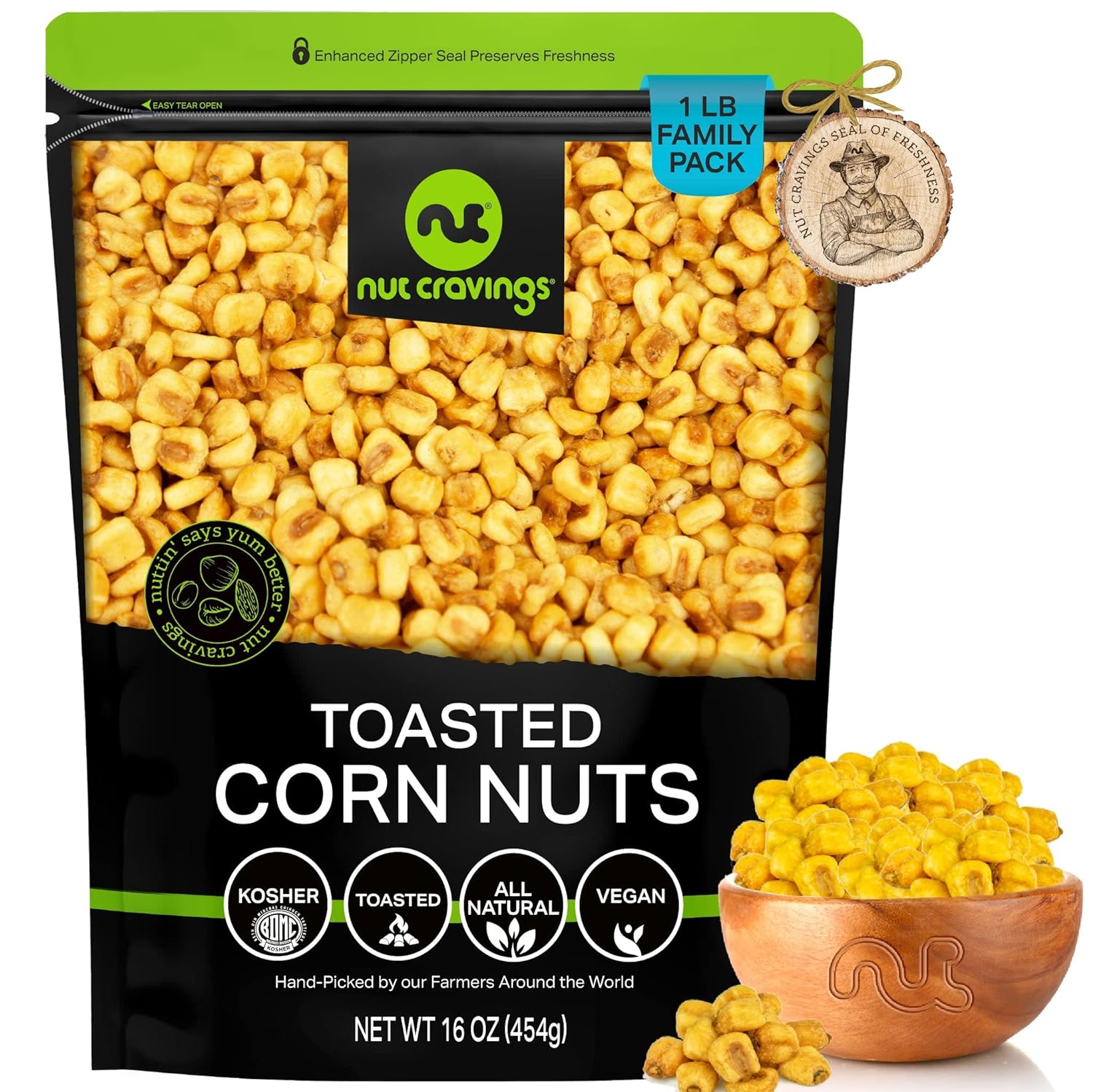 Nut Cravings - Toasted Corn Nuts, Roasted & Salted, Crunchy Kernels - Original Flavor (16Oz - 1 Lb) Packed Fresh In Resealable Bag - Healthy Snack, Protein Food, All Natural, Vegan, Kosher