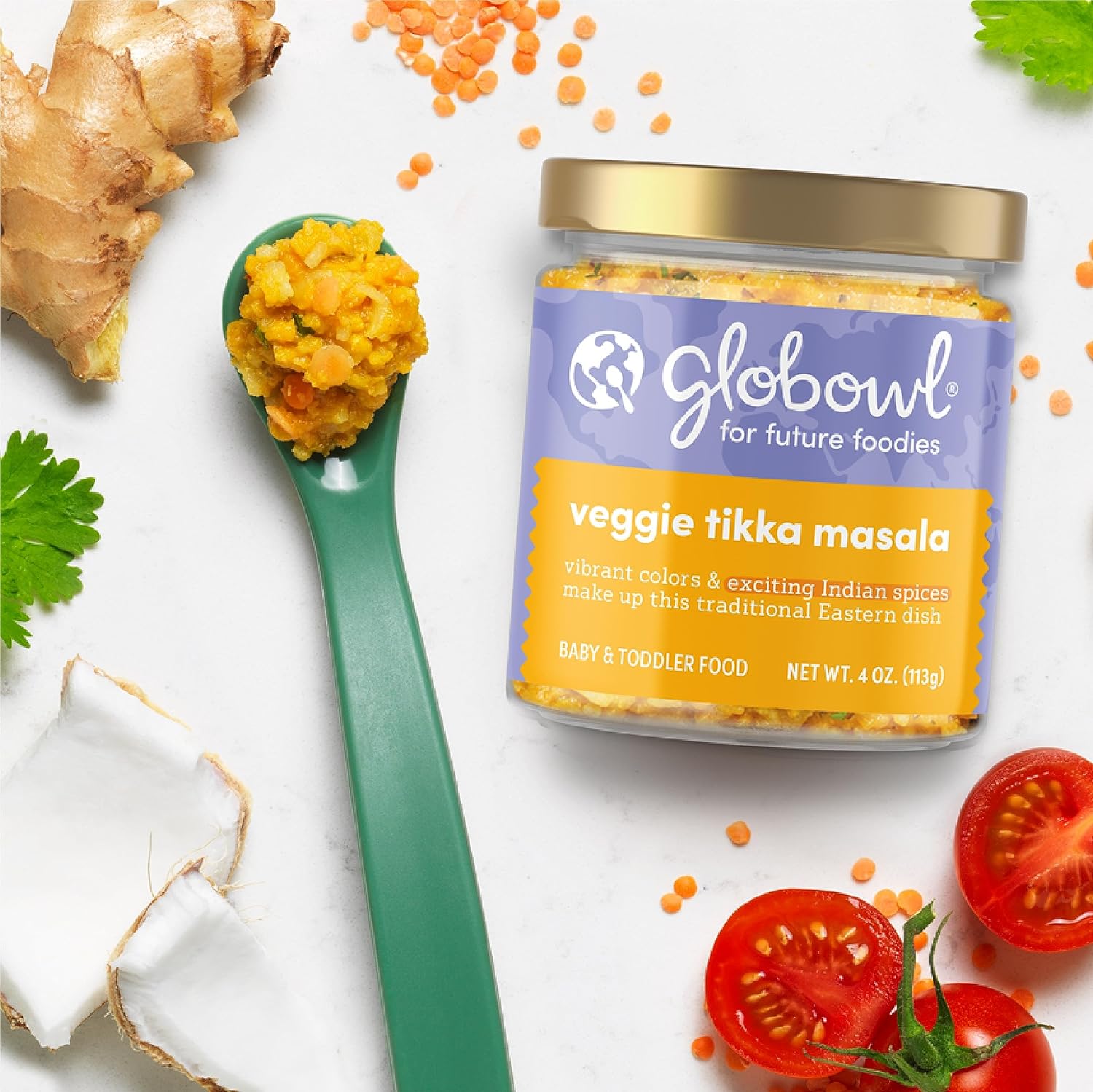 Globowl Stage 3 Baby Food & Toddler Meals, 6+ Months Early Allergen Introduction, Baby Led Weaning, International Whole Food Snacks for Toddlers, Babies, 4 oz Glass Jar, Veggie Tikka Masala, 12-Pack : Baby