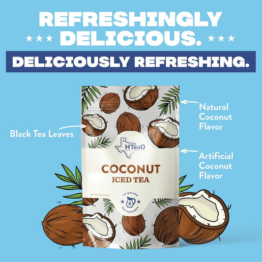 Hteao Coconut Black Tea Sachets - 4 Gallons Per Package - Real Texas-Style Flavored Iced Tea In 5 Minutes (Pack Of 8 Sachet Bags)