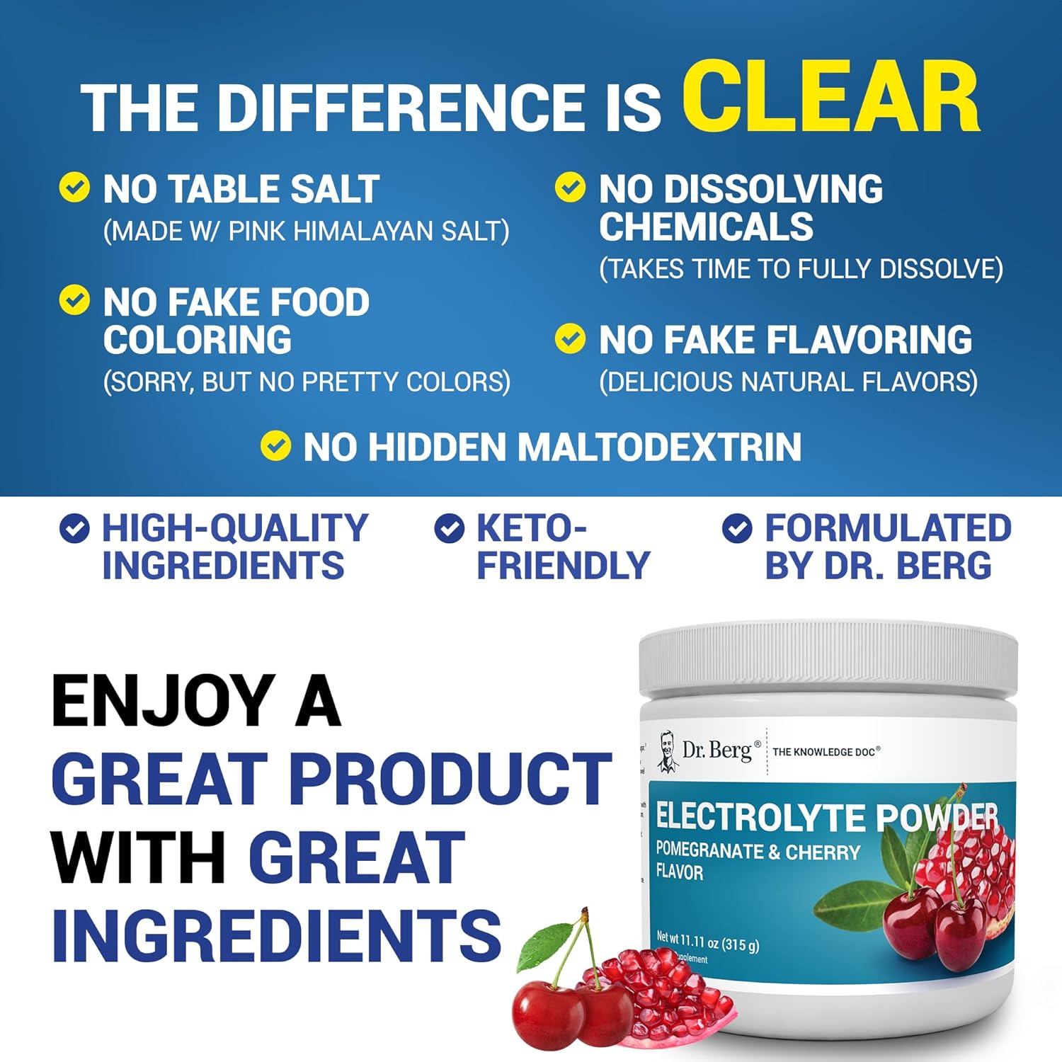 Dr. Berg Zero Sugar Hydration Keto Electrolyte Powder - Enhanced w/ 1000 mg of Potassium & Real Pink Himalayan Salt (NOT Table Salt) - Pomegranate and Cherry Hydration Drink Supplement - 50 Servings : Health & Household