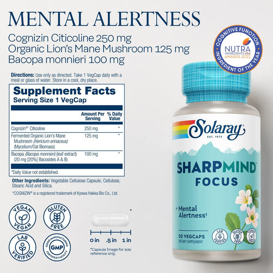 Solaray Sharpmind Focus, Mental Alertness Nootropic Supplement, Memory Support, Each Capsule With Cognizin Citicoline, Vegan, 60 Day Money Guarantee, 30 Serv 30 Vegetarian Capsules Pills