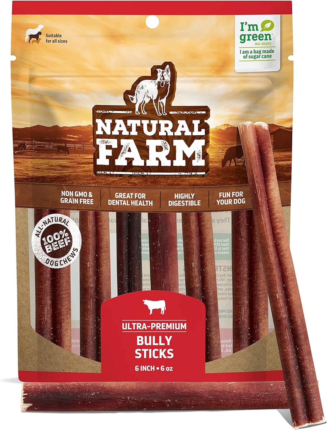 Natural Farm Odor-Free Bully Sticks (6 Inch, 6 Ounces), Packaged By Weight, 100% Beef Chews, Grass-Fed, Fully Digestible Treats To Keep Your Puppies, Small And Medium Dogs Busy