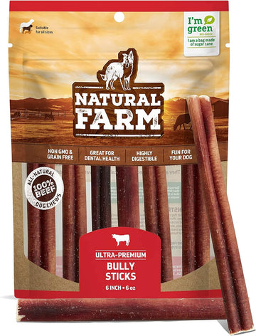 Natural Farm Odor-Free Bully Sticks (6 Inch, 6 Ounces), Packaged By Weight, 100% Beef Chews, Grass-Fed, Fully Digestible Treats To Keep Your Puppies, Small And Medium Dogs Busy