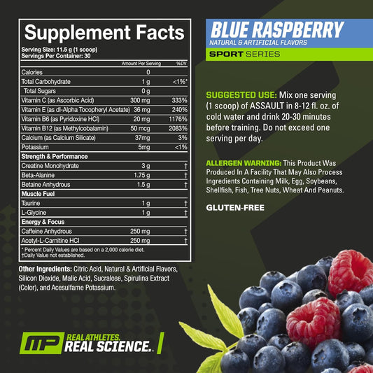 MusclePharm Assault Sport, Blue Raspberry - 30 Servings - Pre-Workout