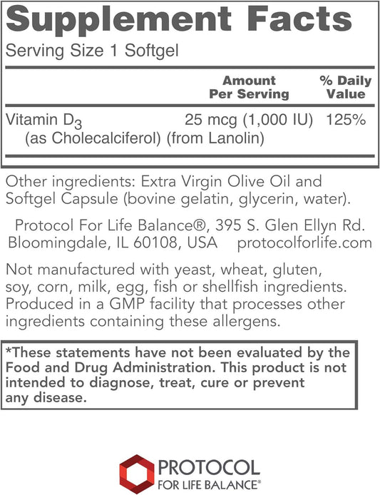 Protocol Vitamin D3 1,000 IU - Bone & Teeth Support* - Dietary Supplement for Immunity & Bone Mineralization* - Non-GMO, Halal, Keto-Friendly - 120 Softgels