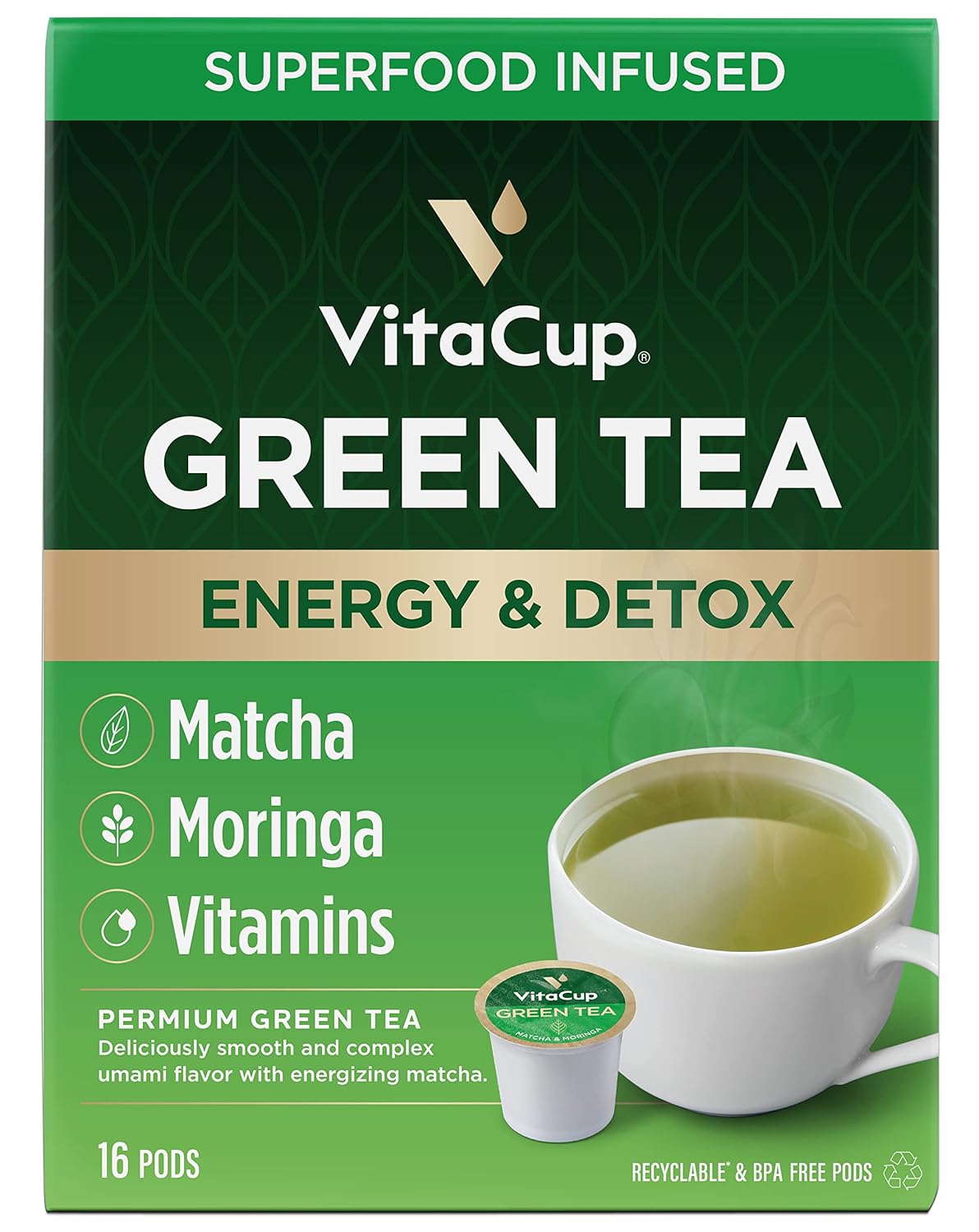 Vitacup Green Tea Pods, Enhance Energy & Detox With Matcha, Moringa, B Vitamins, D3, Keto, Paleo, Vegan, Recyclable Single Serve Pod, Compatible With Keurig K-Cup Brewers,16 Ct