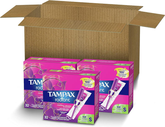 Tampax Radiant Tampons Super Absorbency, 96 Count, BPA Free Plastic Applicator and LeakGuard Braid, Unscented, White, 96 Count