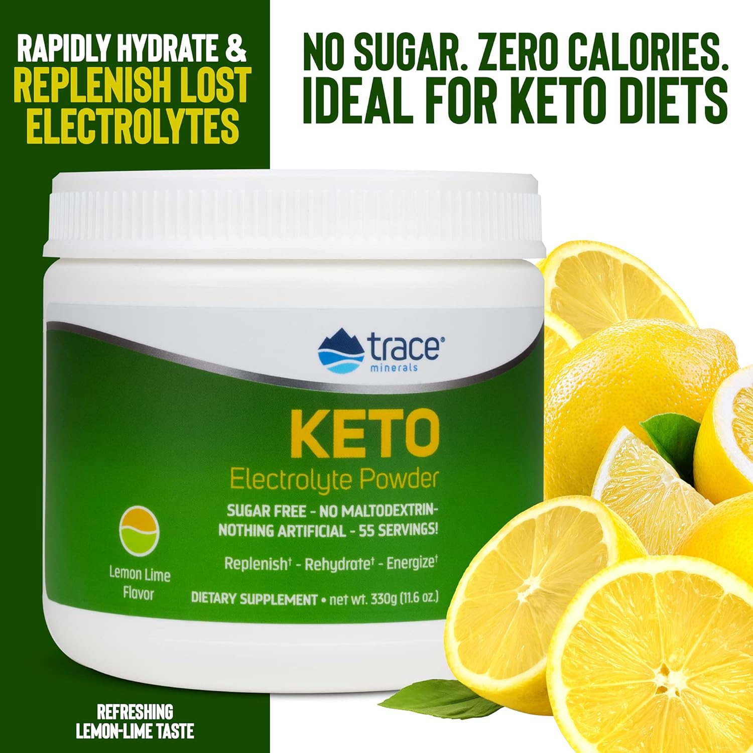 Trace Minerals | Keto Electrolyte Powder | Sugar Free, Full Spectrum | Avoid Dehydration & Muscle Cramps | Promotes Energy and Endurance | Gluten Free, Vegan | Lemon Lime | 55 Servings