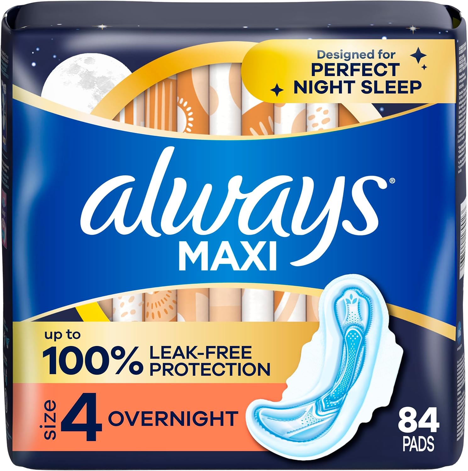 Always Maxi Overnight Pads With Wings, Size 4, Overnight, Unscented, 84 Ct