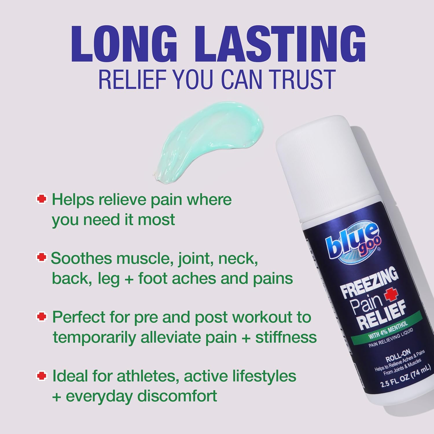 Blue Goo Pain Relieving Menthol Roll On - For Back, Neck, Muscle & Joint Pain, Sprains, Strains - Fast-Acting, Soothing, Cooling Pain Relief Liquid, W/4% Menthol - 2.5 Oz (3 Pack) : Health & Household