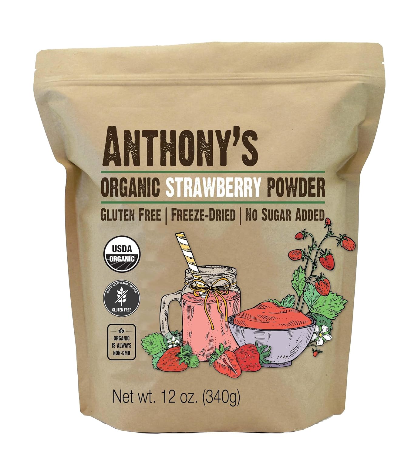 Anthony's Organic Strawberry Powder, 12 oz, Freeze Dried, Gluten Free, No Sugar Added, Non GMO