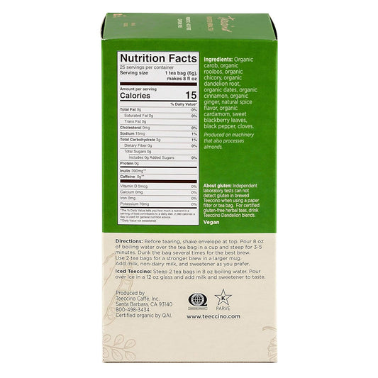 Teeccino Maya Chai Herbal Tea - Rich & Roasted Herbal Tea That'S Caffeine Free & Prebiotic For Natural Energy, 25 Tea Bags