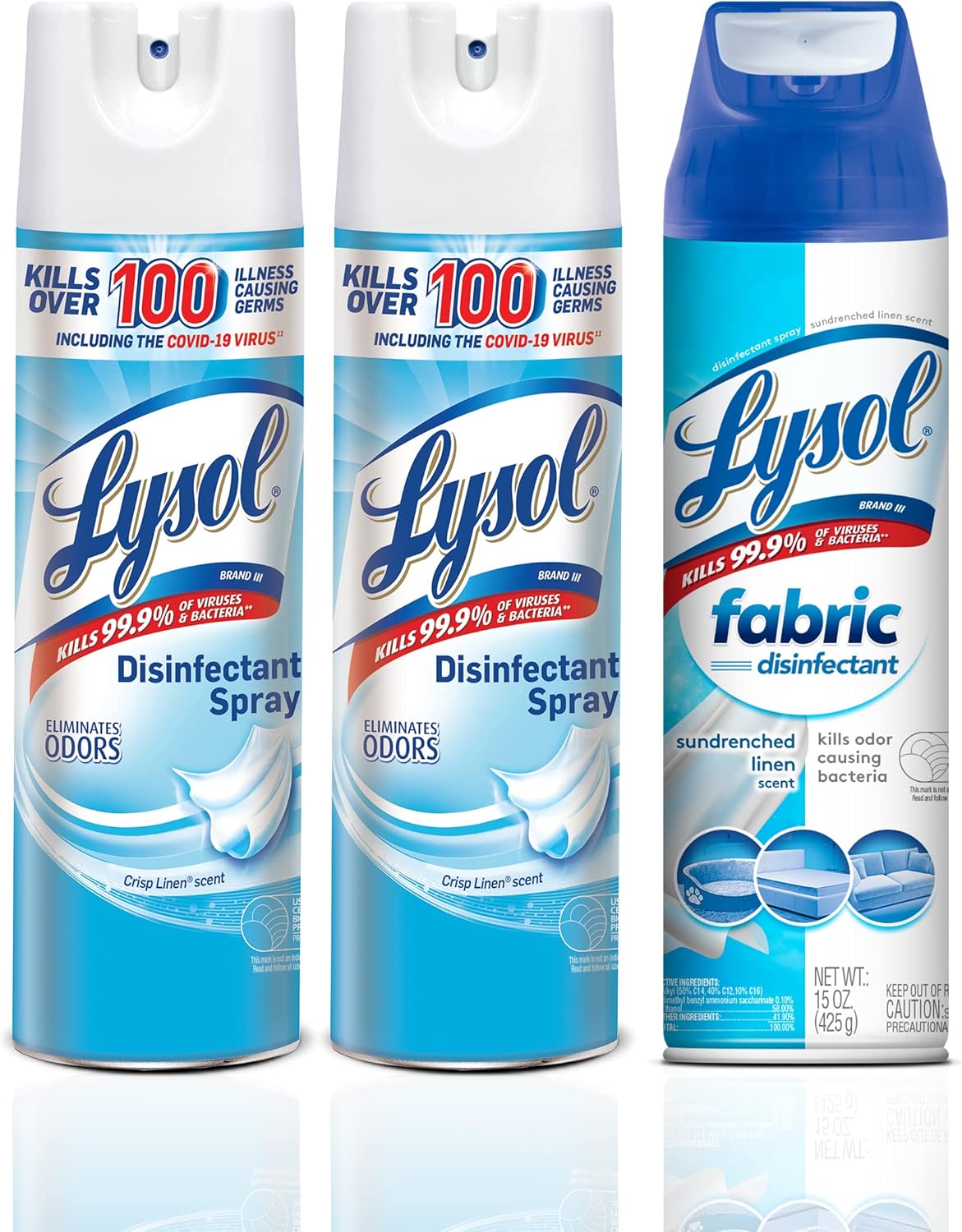 Lysol Disinfectant Spray + Fabric Disinfectant, Sanitizing And Antibacterial Spray, For Disinfecting And Deodorizing, Crisp Linen + Sundrenched Linen, 2 Count (19 Oz Each) + 1 (15 Oz)