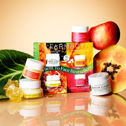 Farmacy Bestsellers Skin Care Set - Includes Green Clean Cleansing Balm, Wake Up Honey Eye Cream, Honey Halo Face Moisturizer + Lip Smoothie - Travel Size Skincare For Healthy, Glowing Skin (4 Count)